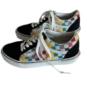 VANS Old Skool Rainbow Checkered Black Suede Skate Shoes Men’s 7.5 Women’s 9